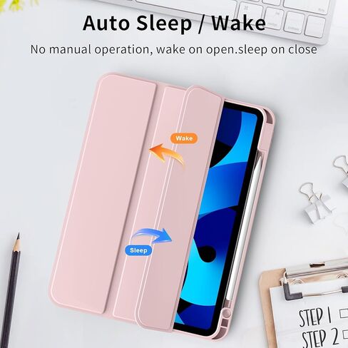 Case for iPad Air 11-Inch M3/M2 (2025/2024), iPad Air 5/4 (2022/2020 5th/4th Generation 10.9-Inch) with Pencil Holder, Slim Stand Soft Back Support Touch ID and Auto Wake/Sleep (Light Pink) in Kuwait