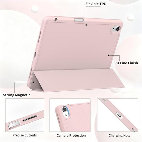 Case for iPad Air 11-Inch M3/M2 (2025/2024), iPad Air 5/4 (2022/2020 5th/4th Generation 10.9-Inch) with Pencil Holder, Slim Stand Soft Back Support Touch ID and Auto Wake/Sleep (Light Pink) in Kuwait