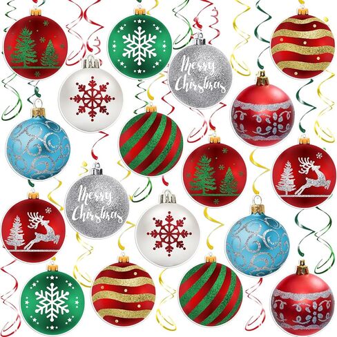 Christmas Hanging Swirl Decorations - 30 Pcs Christmas Ball Hanging Foil Swirl Christmas Light Bulb Christmas Tree Snowflake Elk Ceiling Decor for Christmas Party Xmas Holiday Party Supplies in Kuwait