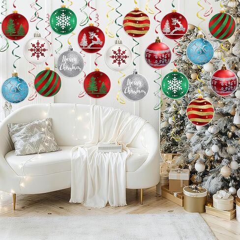 Christmas Hanging Swirl Decorations - 30 Pcs Christmas Ball Hanging Foil Swirl Christmas Light Bulb Christmas Tree Snowflake Elk Ceiling Decor for Christmas Party Xmas Holiday Party Supplies in Kuwait