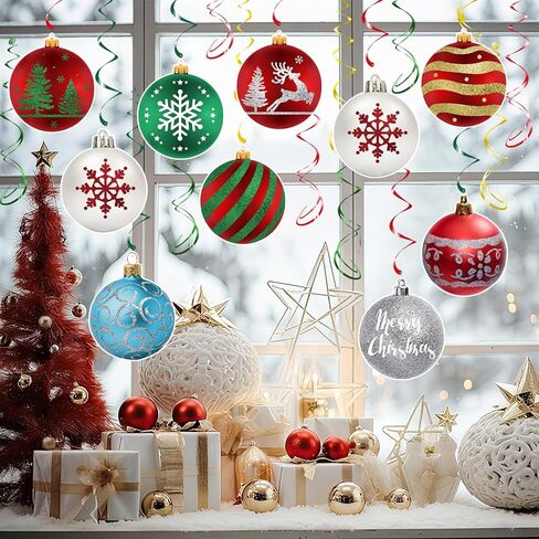 Christmas Hanging Swirl Decorations - 30 Pcs Christmas Ball Hanging Foil Swirl Christmas Light Bulb Christmas Tree Snowflake Elk Ceiling Decor for Christmas Party Xmas Holiday Party Supplies in Kuwait