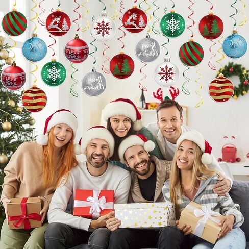 Christmas Hanging Swirl Decorations - 30 Pcs Christmas Ball Hanging Foil Swirl Christmas Light Bulb Christmas Tree Snowflake Elk Ceiling Decor for Christmas Party Xmas Holiday Party Supplies in Kuwait