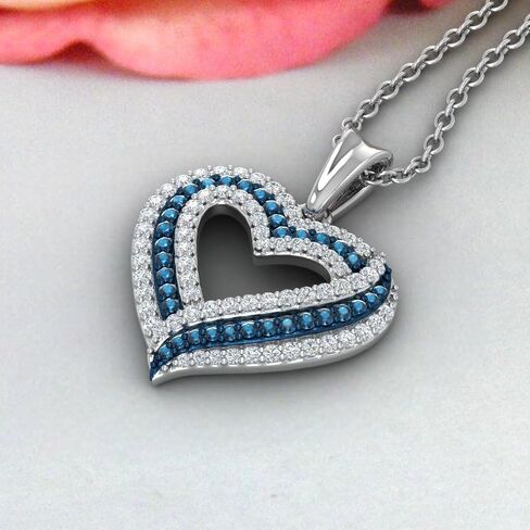FINEROCK 1/2 Carat Blue Diamond & White Diamond Heart Pendant Necklace in 925 Sterling Silver or 18K Yellow Gold over Sterling Silver in Saudi Arabia