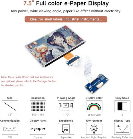 Waveshare 7.3inch 6-Color E-Paper Display, Raw Display Without Driver Board, Low Power Consumption, 800×480 Pixels in Saudi Arabia