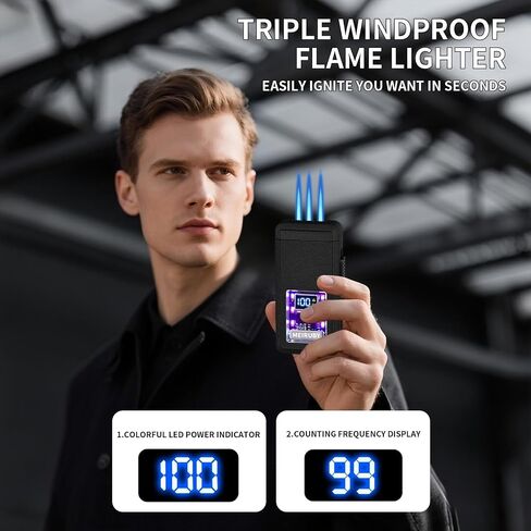 Cool Torch Lighters for Men, Unique Shake Ignition, Refillable 3 Jet Flame Butane Lighters with LED Battery and Ignition Count Display, Birthday for Men Dad Husband (Fuel Not Included) in Saudi Arabia