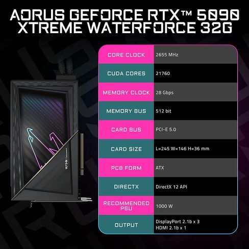 GIGABYTE AORUS GEFORCE RTX 5090 XTREME WATERFORCE 32G CARDACTS ، نظام تبريد Waterforce All-In-واحد ، بطاقة فيديو 32 جيجابايت 512 بت ، GV-N5090AORUSX W-32GD فيديو in Kuwait