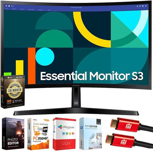 Samsung 24" Essential S3 (S36GD) Series FHD 100Hz VA 1800R Curved Monitor Bundle w/Tech Smart USA Elite Suite 18, 4K HDMI Cable & Deco Gear CPS Exclusive 26 Month Protection Pack (BEACH-CPS-26M150) in Saudi Arabia
