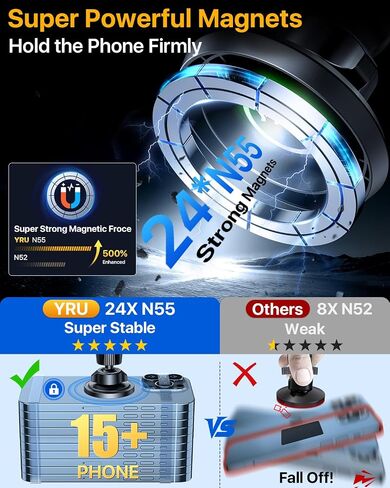 YRU [True Upgraded Military-Grade] Phone Holder for Magsafe Car Mount 360° Rotating Vacuum Suction Dashboard, 2800gf Strongest Magnetic Windshield Phone Mount for iPhone 16 Pro Max 15 14 13, Black in Saudi Arabia