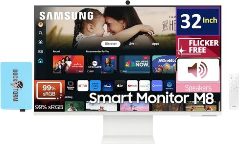 Samsung M8 M80d 32 "4K UHD Smart Monitor مع وقت استجابة 4 مللي ثانية ، إمالة ، وميض خالي ، جدار الجدار (100 × 100 مم) ، HDMI & Dockztorm USB Port Expander ، White (LS32DM801UNXZA) in Saudi Arabia