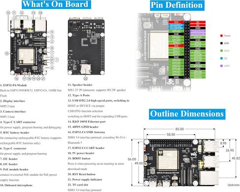 لوحة التطوير عالية الأداء ESP32-P4-P4 ، استنادًا إلى ESP32-P4 و ESP32-C6 ، تدعم Wi-Fi 6 و Bluetooth 5/Ble ، واجهات الإنسان الغنية ، مع السماعات in Saudi Arabia