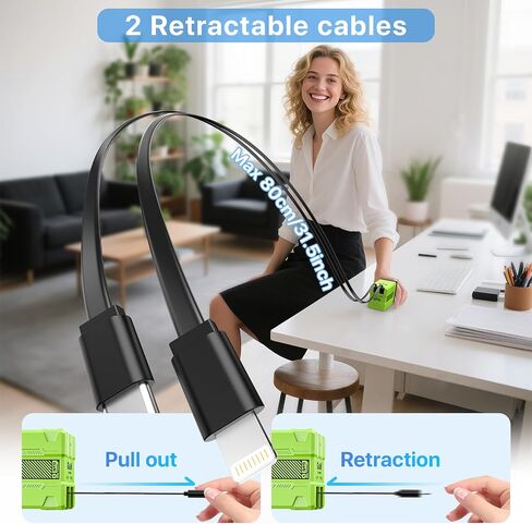 2 in 1 Retractable Gan Wall Charger with Dual Cables, Fast Charging 45W Retractable Phone Charger Wall Plug with 2 Charging Cable, USB C Chargers Block for iPhone 16 15 14 13, LG,Pixel in Kuwait