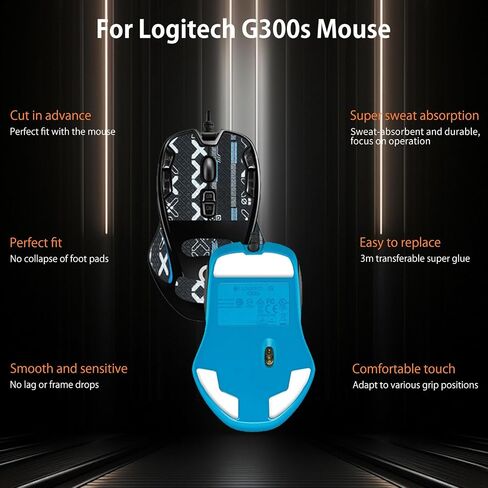شريط قبضة الماوس تغطية كاملة لـ Logitech G300s ، مجموعة ترقية الفئران المهنية المقاومة للعرق ، الزلاجات (Poot Pad + Black Mouse Grip Tape) in Kuwait