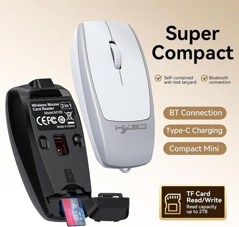 ماوس البلوتوث اللاسلكي ، فأر الكمبيوتر مع قارئ بطاقة TF (تخزين 2 تيرابايت) ودعم متعدد OS ، 1600 نقطة في البوصة ، الفئران المريحة للكمبيوتر المحمول ، الكمبيوتر اللوحي ، iPad ، الكمبيوتر (الأبيض) in Kuwait