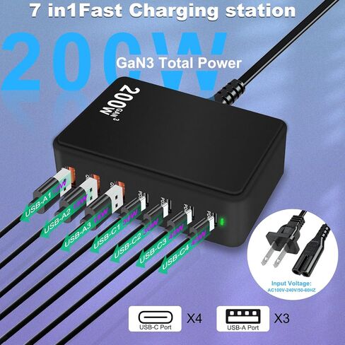 USB C Charger Block 200W 7 Port Fast Charging Station ، PD 45W CAPTOP ACRGER BRICK ADAPTER متوافق مع MacBook Pro/Air ، Dell ، Steam Deck ، iPhone 16/15/14 ، Galaxy S23/22 (أسود) in Kuwait