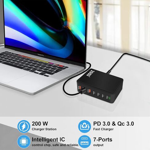 USB C Charger Block 200W 7 Port Fast Charging Station ، PD 45W CAPTOP ACRGER BRICK ADAPTER متوافق مع MacBook Pro/Air ، Dell ، Steam Deck ، iPhone 16/15/14 ، Galaxy S23/22 (أسود) in Kuwait