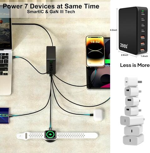 USB C Charger Block 200W 7 Port Fast Charging Station ، PD 45W CAPTOP ACRGER BRICK ADAPTER متوافق مع MacBook Pro/Air ، Dell ، Steam Deck ، iPhone 16/15/14 ، Galaxy S23/22 (أسود) in Kuwait