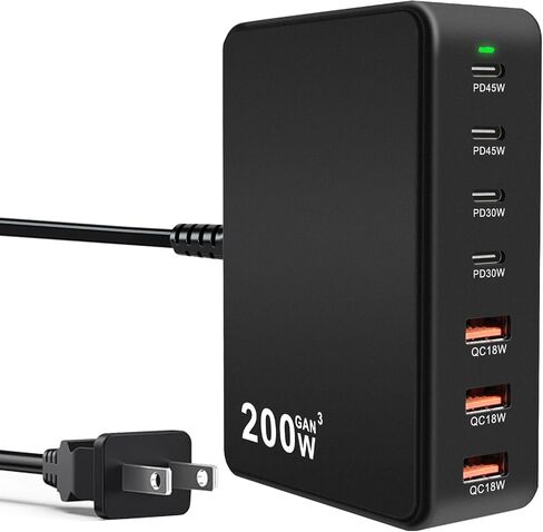 USB C Charger Block 200W 7 Port Fast Charging Station ، PD 45W CAPTOP ACRGER BRICK ADAPTER متوافق مع MacBook Pro/Air ، Dell ، Steam Deck ، iPhone 16/15/14 ، Galaxy S23/22 (أسود) in Kuwait