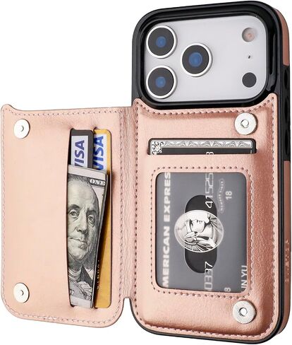 ONETOP Compatible with iPhone 17 Pro Wallet Case with Card Holder, PU Leather Kickstand Card Slots Case, Double Magnetic Clasp and Durable Shockproof Cover 6.3 Inch (Rose Gold) in Kuwait