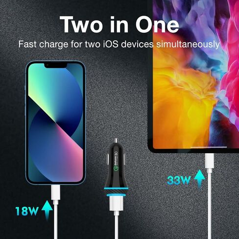 MOCA 38W شاحن السيارة السريع ، منفذ مزدوج USB C توصيل الطاقة جميع الشاحن المعدني PD/ QC3.0 مع شاحن 2 Pack PD Lightning Cord For iPhone 16 15 ، Samsung Galaxy S25 S24 ، Pixel ، Android in Saudi Arabia