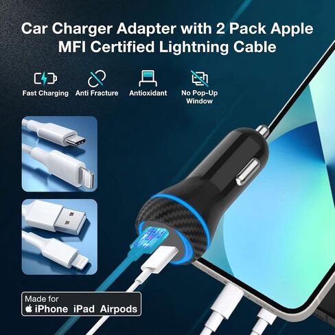 MOCA 38W شاحن السيارة السريع ، منفذ مزدوج USB C توصيل الطاقة جميع الشاحن المعدني PD/ QC3.0 مع شاحن 2 Pack PD Lightning Cord For iPhone 16 15 ، Samsung Galaxy S25 S24 ، Pixel ، Android in Saudi Arabia