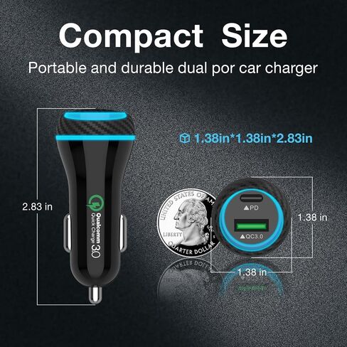 MOCA 38W شاحن السيارة السريع ، منفذ مزدوج USB C توصيل الطاقة جميع الشاحن المعدني PD/ QC3.0 مع شاحن 2 Pack PD Lightning Cord For iPhone 16 15 ، Samsung Galaxy S25 S24 ، Pixel ، Android in Saudi Arabia