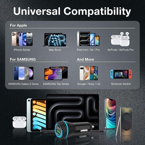 MOCA 38W شاحن السيارة السريع ، منفذ مزدوج USB C توصيل الطاقة جميع الشاحن المعدني PD/ QC3.0 مع شاحن 2 Pack PD Lightning Cord For iPhone 16 15 ، Samsung Galaxy S25 S24 ، Pixel ، Android in Saudi Arabia