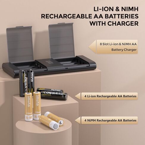 imuto Rechargeable 3000mWh Lithium and 2700 mAh NiMH Batteries,Rechargeable aa Batteries with Charger,8 Solt aa Lithiun ion and NiMH Batteries Charger,Slim Double a Battery Charger(4 Li-ion + 4 Ni-MH) in Kuwait