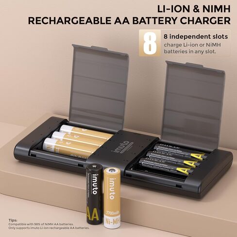 imuto Rechargeable 3000mWh Lithium and 2700 mAh NiMH Batteries,Rechargeable aa Batteries with Charger,8 Solt aa Lithiun ion and NiMH Batteries Charger,Slim Double a Battery Charger(4 Li-ion + 4 Ni-MH) in Kuwait