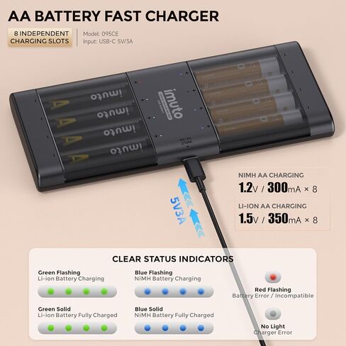 imuto Rechargeable 3000mWh Lithium and 2700 mAh NiMH Batteries,Rechargeable aa Batteries with Charger,8 Solt aa Lithiun ion and NiMH Batteries Charger,Slim Double a Battery Charger(4 Li-ion + 4 Ni-MH) in Kuwait