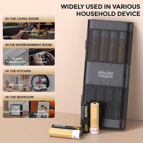imuto Rechargeable 3000mWh Lithium and 2700 mAh NiMH Batteries,Rechargeable aa Batteries with Charger,8 Solt aa Lithiun ion and NiMH Batteries Charger,Slim Double a Battery Charger(4 Li-ion + 4 Ni-MH) in Kuwait