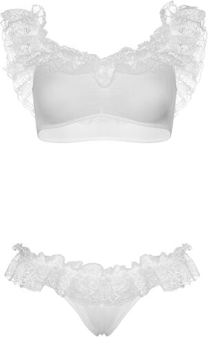 Leg Avenue Women's 2 Pc Lace Ruffle Off The Shoulder Set with Point D'Esprit Crop Top, Thong Panty, White, One Size in Saudi Arabia