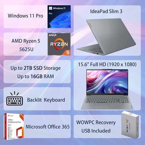 Lenovo IdeaPad Slim 3 | 15.6" FHD Anti-Glare Display | AMD Ryzen 5 5625U(Beat Intel i9-10900T) | 16GB DDR4 | 256GB SSD | Backlit Keyboard | Windows 11 Pro | Microsoft Office 365 & WOWPC USB Included in Saudi Arabia