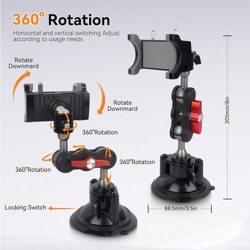 Suction Cup Car Phone Mount, 360°Rotating Car Phone Holder Video Recording, Universal Ball Head Arm for Cellphone Car Holder, Heavy Duty Car Phone Mount for Dashboard, Windshield-SJ003 (Extended) in Kuwait