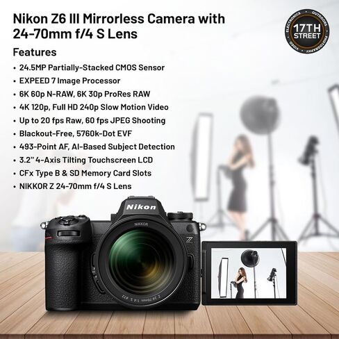 كاميرا Nikon Z6 III FX-Format Lirrorless وعدسة Nikkor 24-70 مم F/4 S (أسود) مع بطاقة Protex Extreme Pro Cfexpress ، وبطارية Waith + شاحن كومبو وظهر كاميرا Waith (مجموعة الحزمة) in Saudi Arabia