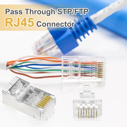 Meccanixity 50pcs cat6a rj45 تمرير من خلال الموصلات ، RJ45 STP/FTP 8P8C المقابس المطلية بالذهب in Kuwait