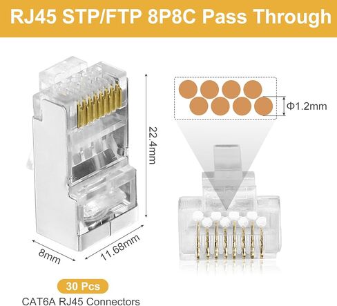 Meccanixity 50pcs cat6a rj45 تمرير من خلال الموصلات ، RJ45 STP/FTP 8P8C المقابس المطلية بالذهب in Kuwait