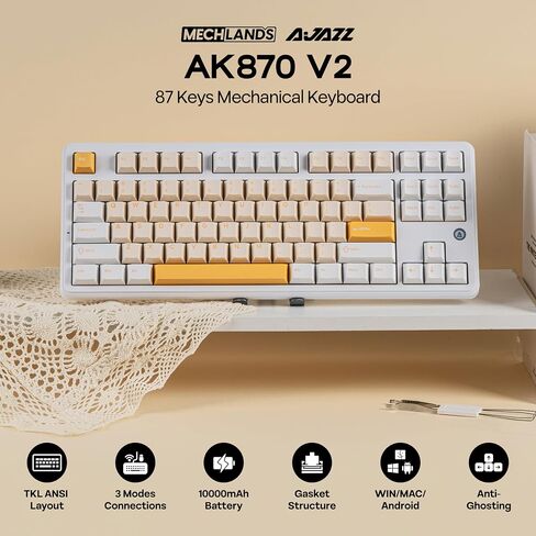 AJAZZ AK870 V2 TKL Gasket Mechanical Keyboard, BT5.0/2.4GHz/USB-C Wireless Gaming Keyboard with 10000mAh Battery, RGB Backlits, 5-Layer Padding, NKRO for Win/Mac (White Yellow) in Kuwait