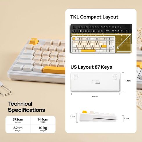 AJAZZ AK870 V2 TKL Gasket Mechanical Keyboard, BT5.0/2.4GHz/USB-C Wireless Gaming Keyboard with 10000mAh Battery, RGB Backlits, 5-Layer Padding, NKRO for Win/Mac (White Yellow) in Kuwait