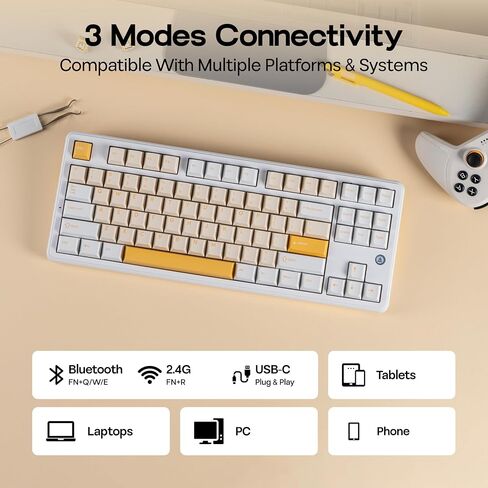 AJAZZ AK870 V2 TKL Gasket Mechanical Keyboard, BT5.0/2.4GHz/USB-C Wireless Gaming Keyboard with 10000mAh Battery, RGB Backlits, 5-Layer Padding, NKRO for Win/Mac (White Yellow) in Kuwait