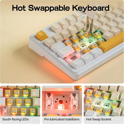 AJAZZ AK870 V2 TKL Gasket Mechanical Keyboard, BT5.0/2.4GHz/USB-C Wireless Gaming Keyboard with 10000mAh Battery, RGB Backlits, 5-Layer Padding, NKRO for Win/Mac (White Yellow) in Kuwait