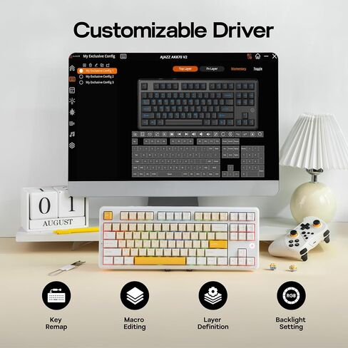 AJAZZ AK870 V2 TKL Gasket Mechanical Keyboard, BT5.0/2.4GHz/USB-C Wireless Gaming Keyboard with 10000mAh Battery, RGB Backlits, 5-Layer Padding, NKRO for Win/Mac (White Yellow) in Kuwait