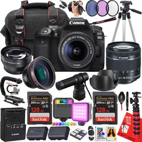 Canon EOS 90D DSLR Camera with EF-S 18-55mm f/3.5-5.6 is STM Lens + 2pc 128 GB Memory + Canon DM-E100 Microphone + LED Light + More (27pc Bundle) (Renewed) in Kuwait