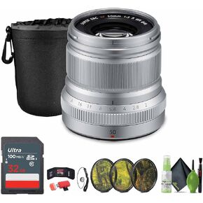 حزمة Fujifilm XF 50mm F/2 R WR (الفضة) مع حقيبة العدسة + بطاقة ذاكرة 32 جيجابايت + 3PC MC Pro Filter Kit UV/CPL/F 46 + CAP Keeper + More in Kuwait