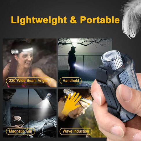 مصباح رأس LED قابل لإعادة الشحن ، 230 درجة استشعار شعاع استشعار مصباح الكوب مصباح يدوي قابلة للفصل ، 9 أوضاع الضوء ، مصباح القبعة الصلبة ، IP65 مقاوم للماء 400 لومين للتخييم ، المشي لمسافات طويلة ، الصيد ، العمل ، الهدية (أسود) in Saudi Arabia