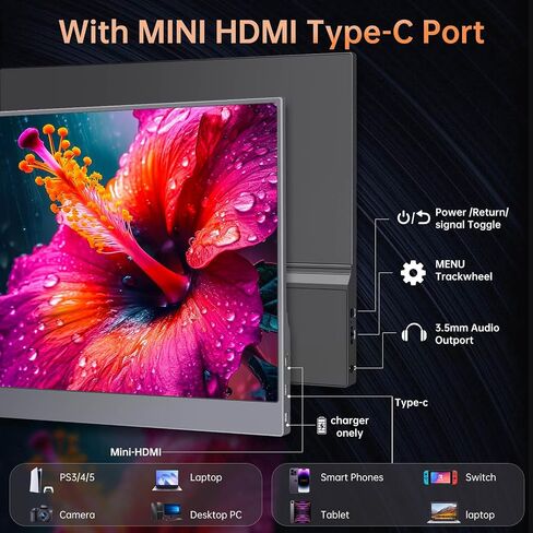2025 شاشة محمولة -15.6 '' FHD 1080p Ultra Slim Portable Captop Monitor مع Smart Cover & Speakers- HDR IPS الشاشة الخارجية للكمبيوتر المحمول ، الكمبيوتر الشخصي ، MAC ، الهاتف ، Xbox ، PS5 ، التبديل مع نوع USB C & HDMI in Kuwait