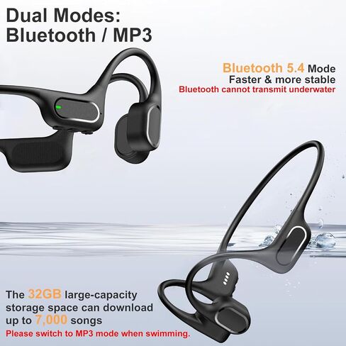 Bone Conduction Bluetooth Headphones-SurfAudio, IP68 Waterproof Swimming Headphones with 32GB MP3 Player, Lightweight Open Ear Design for Swimming/Surfing/Marathon/Cycling(Black) in Kuwait