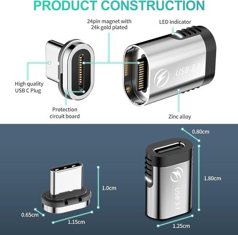 USB C Magnetic Adapter Right (2 Pack), 24Pin Type C Connector, Support PD 100W Fast Charge, USB 3.1 10Gb/s Data Transfer, 4K@60Hz Video Output for MacBook Pro/Air,Phone and More Type C Devices (Grey) in Kuwait