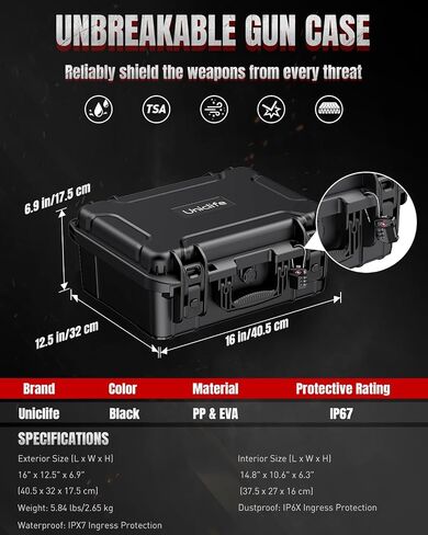 Uniclife Hard Gun Case for Handguns, TSA Approved Hard Pistol Case with TSA Cable Lock, IP67 Waterproof Pressure-Resistant Firearm Travel Case Handgun Case with Desiccant & Pre-Cut Foam Inserts in Saudi Arabia
