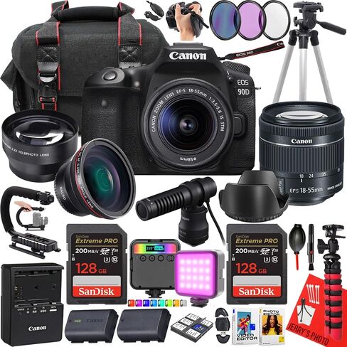 Canon EOS 90D DSLR Camera with EF-S 18-55mm f/3.5-5.6 is STM Lens + 2pc 128 GB Memory + Canon DM-E100 Microphone + LED Light + More (27pc Bundle) (Renewed) in Saudi Arabia