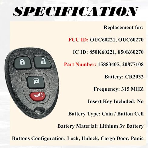 Key Fob Replacement Fits for Chevrolet Express GMC Savana 2007 2008 2009 2010 2011 2012 2013 2014 2015 2016 2017 2018 2019 2020 2021 2022 2023 2024 2025 Keyless Entry Remote Control OUC60221 in Saudi Arabia
